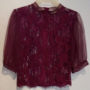 Peach Couture, Burgundy Berry Lace Evening Top Size M.